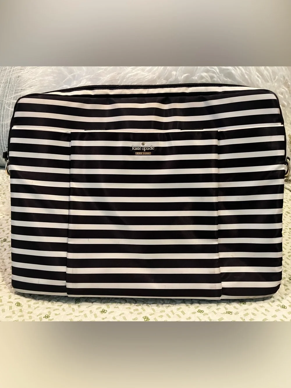 kate spade Black and White Striped Nylon Laptop Tote Bag with Detachable Strap